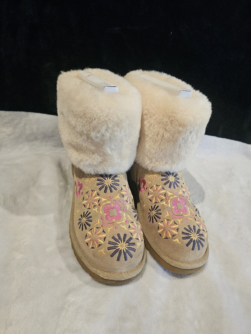 Women’s UGG Beige Floral Embroidered Suede Shearling Winter Boots